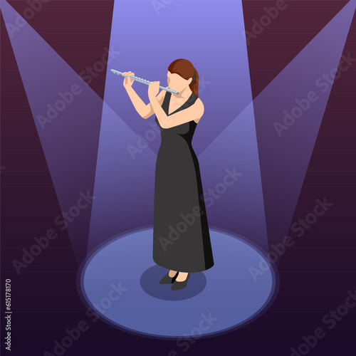 Isometric Woman plays the flute. Flute woodwind orchestral instrument
