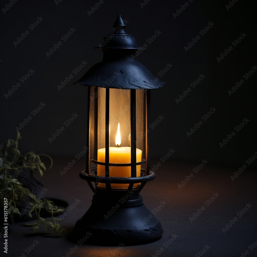 A lantern with a candle on it in front of a dark background Generative AI A lantern with a candle on it in front of a dark background Generative AI