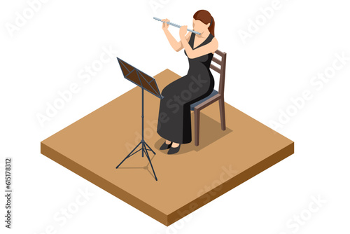 Isometric Woman plays the flute. Flute woodwind orchestral instrument