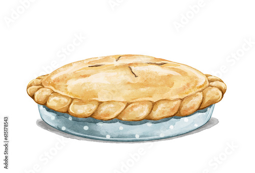 Watercolor vintage delicious food closed pie baked with berries or meat isolated on white background. Hand drawn illustration sketch