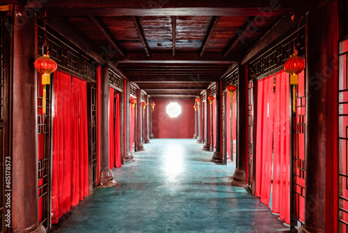 Obraz na płótnie Traditional chinese wooden brothel room with red curtain and lantern