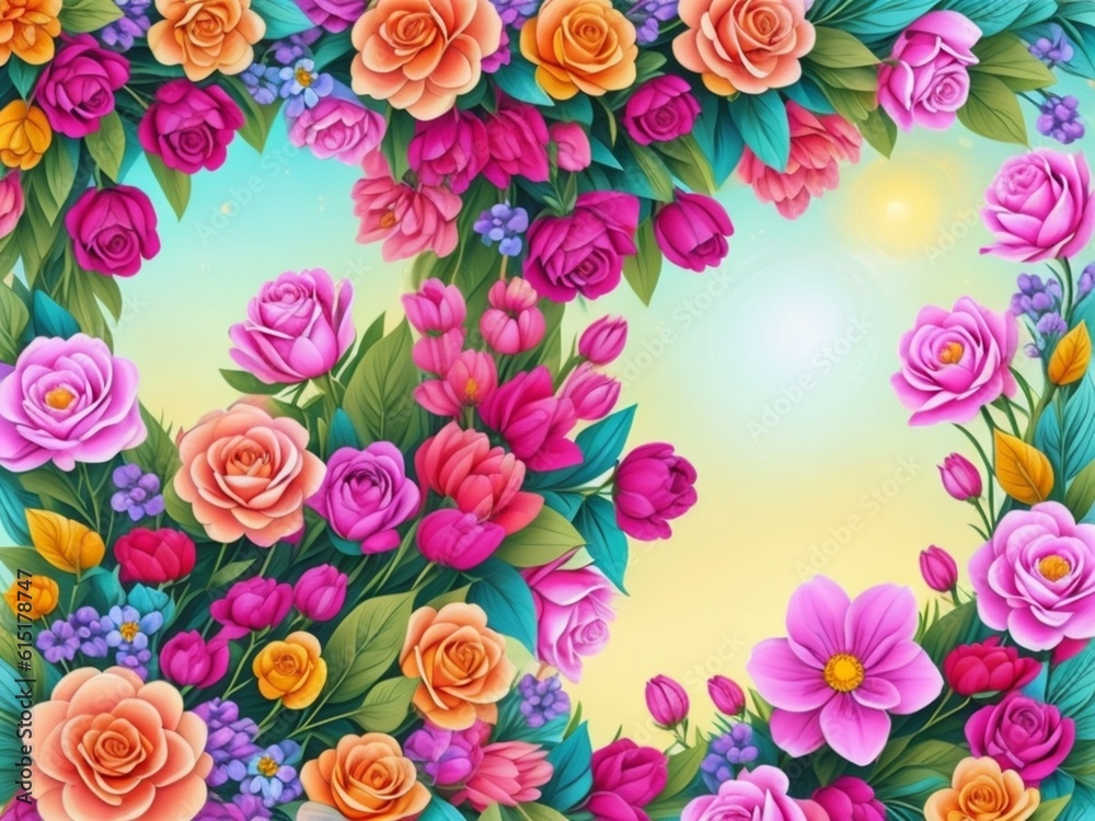 Multi Flowers Background with Soft Style and Frame By Generative AI