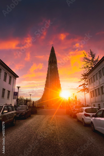 Sunset shining over Hallgrimskirkja church, Lutheran parish church in reykjavik town at Iceland