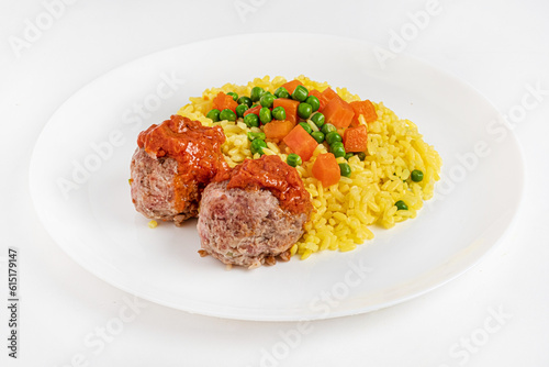 meatballs with rice on white plate