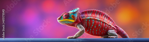 Colorful chameleon on blurred pink gradient background. Generative AI