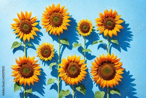 Sunflowers on blue background. Top view. Flat lay.