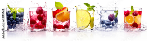 Banner with fresh fruits summer cocktails with colorful fruits on isolated white background. Water splash. Generative AI