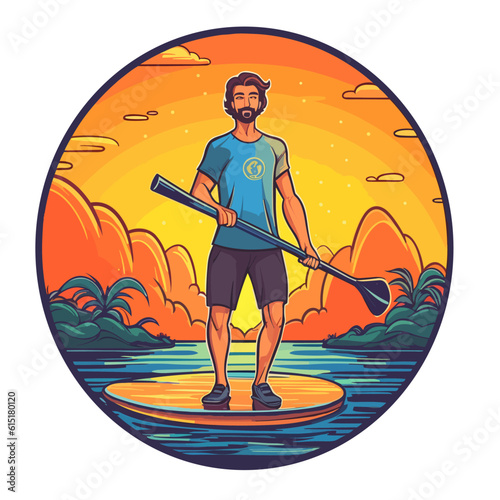 Man paddling on stand up paddleboard. Summer vacation leisure activity. Cartoon illustration. isolated background, label, sticker