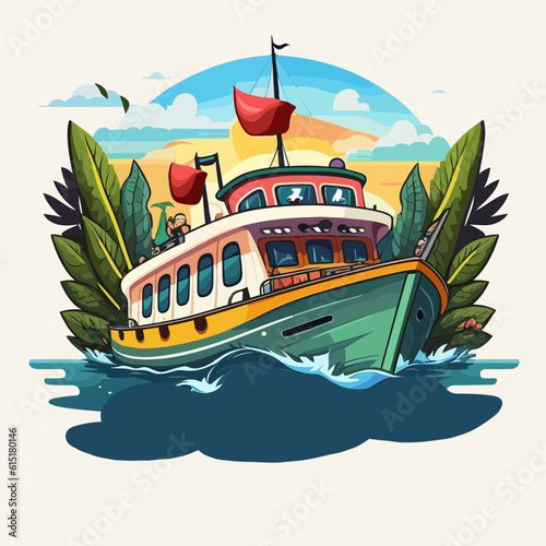 Excursion tourist boat. Summer adventure cruise. Cartoon illustration. white background