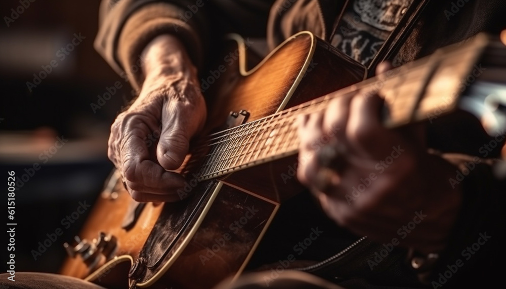 Fototapeta premium One man, a guitarist, plucking strings on an acoustic guitar generated by AI