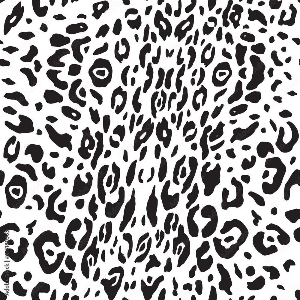 Leopard skin print. Vector seamless pattern. African safari animal.  Popular trendy background. Exotic paradise. Black spots on the white background. Tropical summer. Wildlife nature design