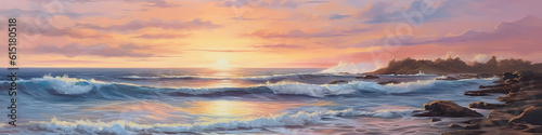Seascape oil painting of a beach at dawn 1