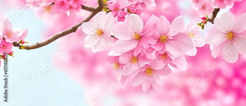 sakura flowers of pink color on sunny sky backdrop,generative ai