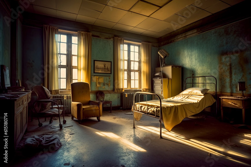 An old hospital room in an abandoned building.