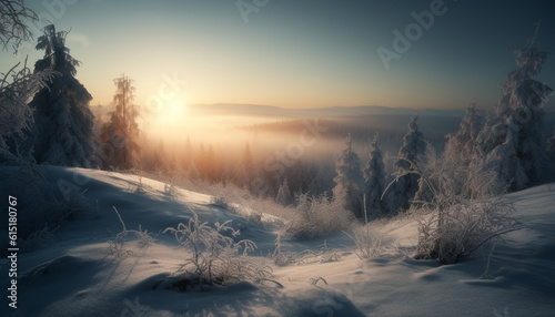 Tranquil winter forest, snow covered trees, sunset frozen beauty generated by AI © Stockgiu