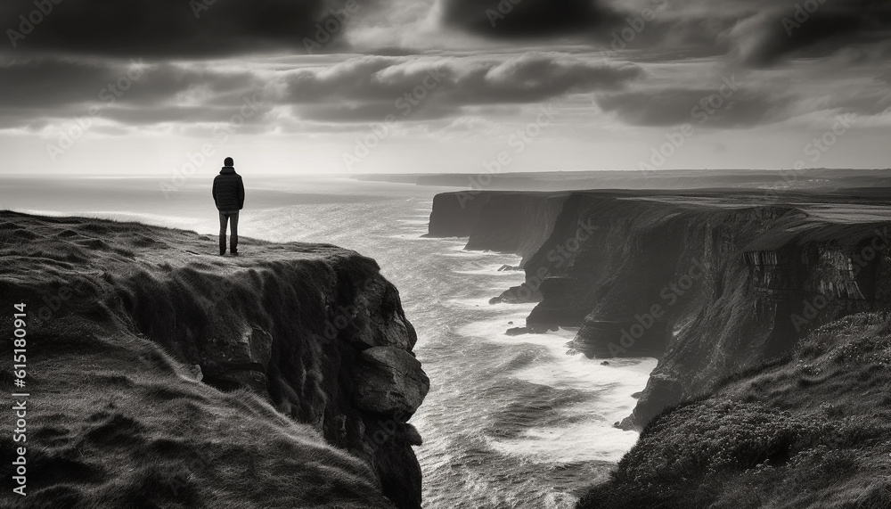 Standing on cliff, one person in silhouette, admiring majestic landscape generated by AI