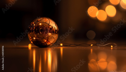 Golden sphere glows with heat, reflecting vibrant Christmas decor generated by AI