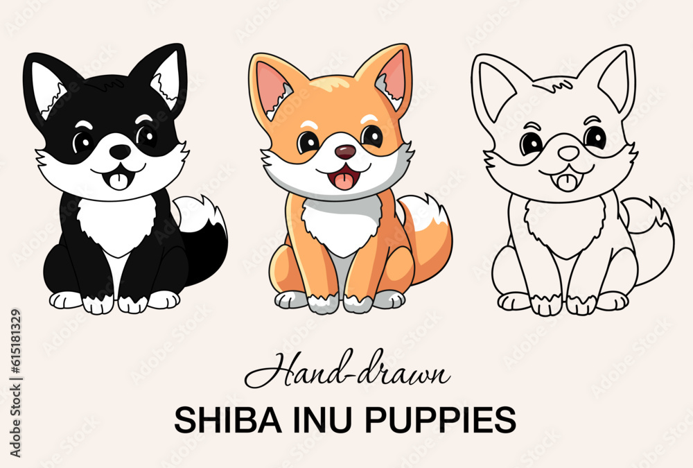Hand-drawn Shiba Inu Puppies set, Cute Kawaii Dog Illustration, Puppy Vector, Shiba Line Drawing