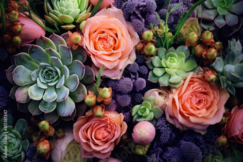 Beautiful Fresh Peony Rose Flowers With Succulents Background Created With Generative AI