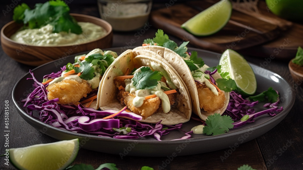 A plate of crispy and golden fish tacos topped with tangy slaw and creamy avocado sauce