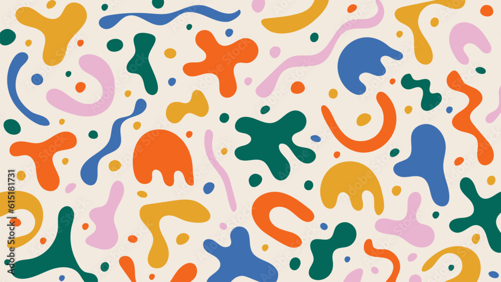 Cute vector pattern with matisse style shapes. Abstract colorful horizontal background of simple organic shapes and lines. Contemporary doodle art backdrop. Hand drawn random figures, blobs, scribble