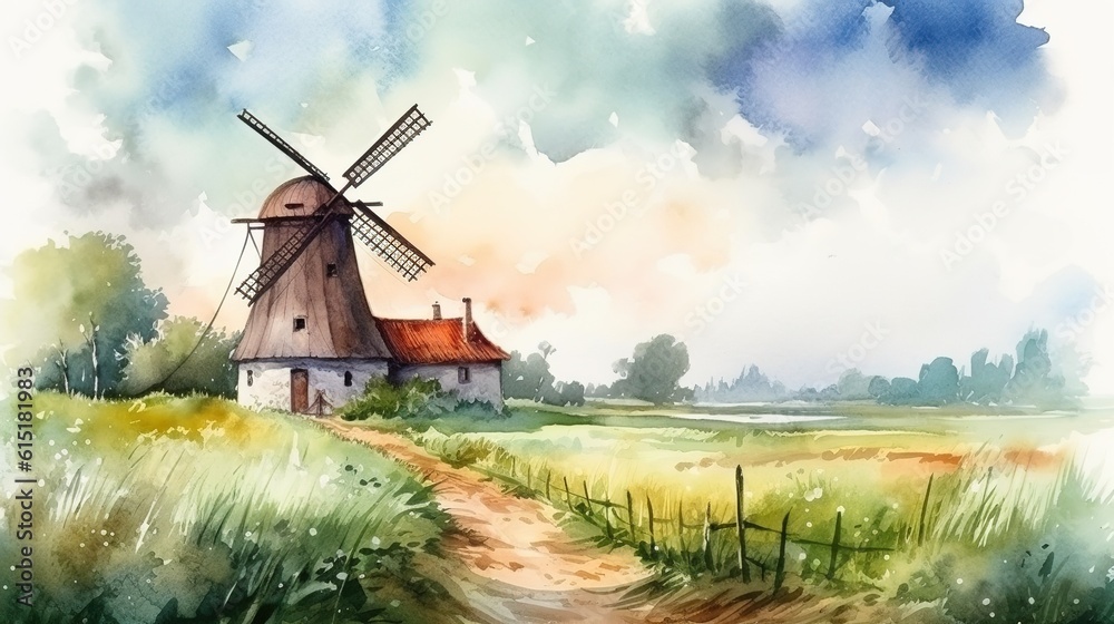 watercolor idyllic landscape field with windmill on a summer day. generated ai - obrazy, fototapety, plakaty 
