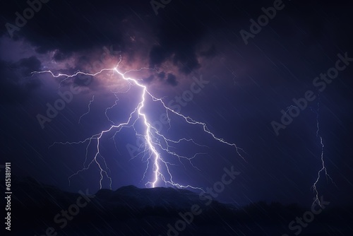 thunderstorm rain and lightning bolt at night in the mountains. generated ai