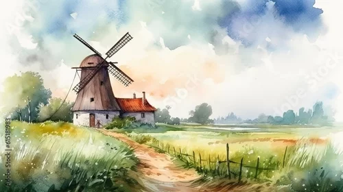 Obraz akwarela, idylliczny krajobraz pola z wiatrakiem w letni dzień. Wygenerowana przez sztuczną inteligencję