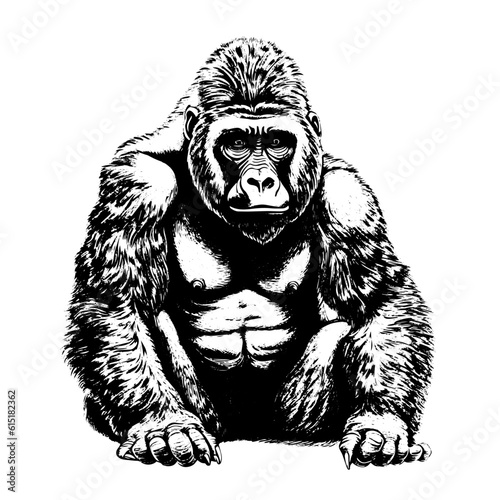 gorilla vector drawing. Isolated hand drawn, engraved style illustration