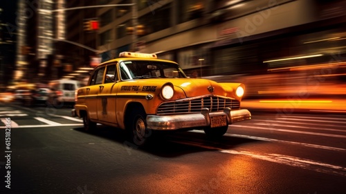a photo of a vintage retro taxi cab at night sky in a city driving in motion with light trails at a road. Generative AI