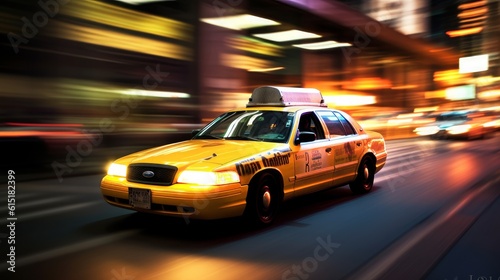 a photo of a taxi cab at night sky in a city driving in motion with light trails at a road. Generative AI