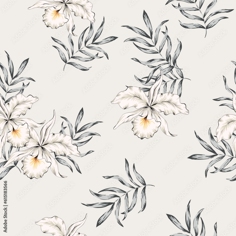 Fototapeta premium Tropical white orchid flowers, palm leaves, gray background. Seamless pattern. Vector illustration. Exotic plants. Summer beach floral design. Paradise nature