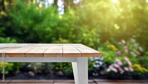 Empty wooden table with green summer garden view background  product display montage. High quality photo