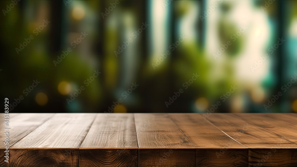 Empty wooden table and shop blur background with bokeh image. For product display. High quality photo