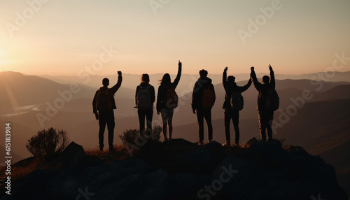 A group of cheerful hikers celebrate success at mountain peak generated by AI