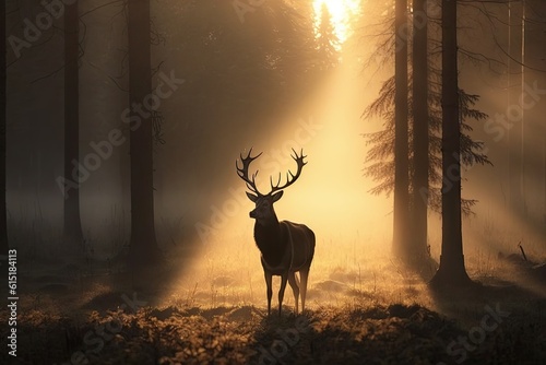 Dark silhouette of a deer with big antlers in a misty forest © Олег Фадеев