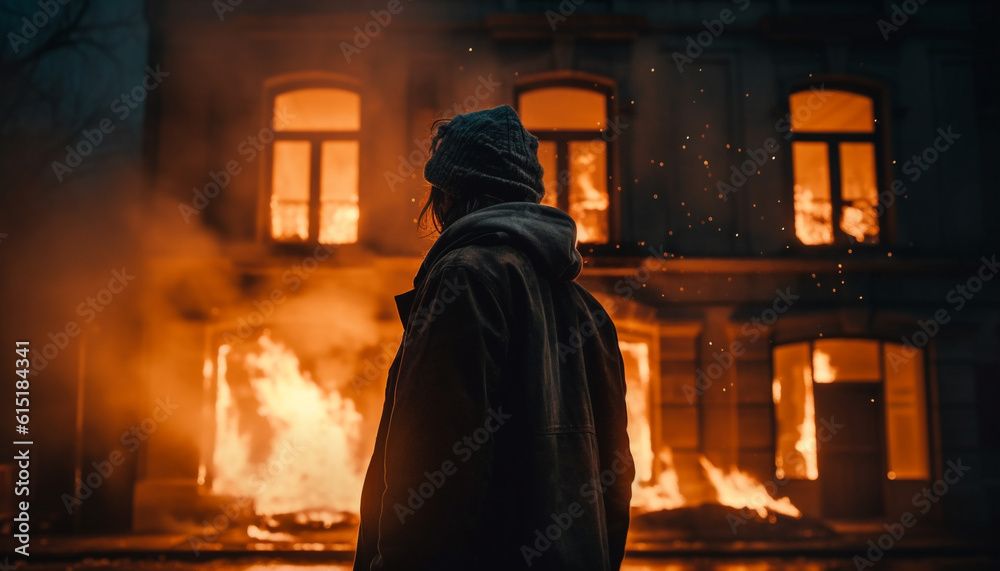 One adult standing outdoors in the dark, watching burning flames generated by AI One adult standing outdoors in the dark, watching burning flames generated by AI