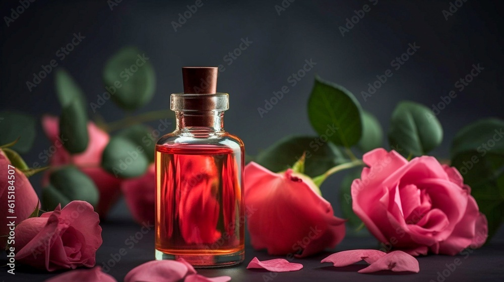 Rose essential oil in a glass bottle with rose petals on dark background. Generative AI. Rose essential oil in a glass bottle with rose petals on dark background. Generative AI.