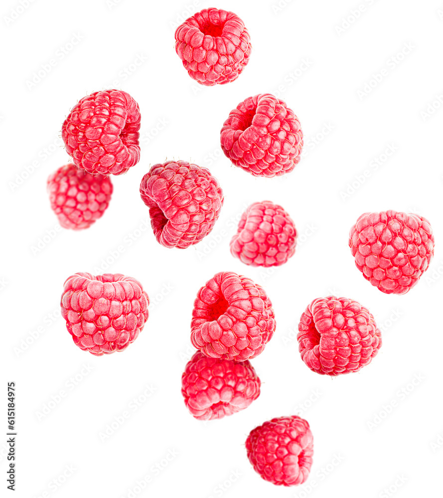 levitating raspberry on a white isolated background - obrazy, fototapety, plakaty 