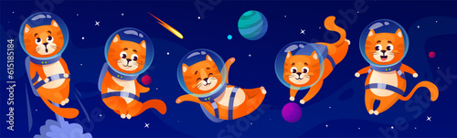 Poster with cute cat astronaut characters in outer space. Adorable kittens in spacesuits and helmets flying among planets and stars on a dark blue background. Cartoon vector illustration.