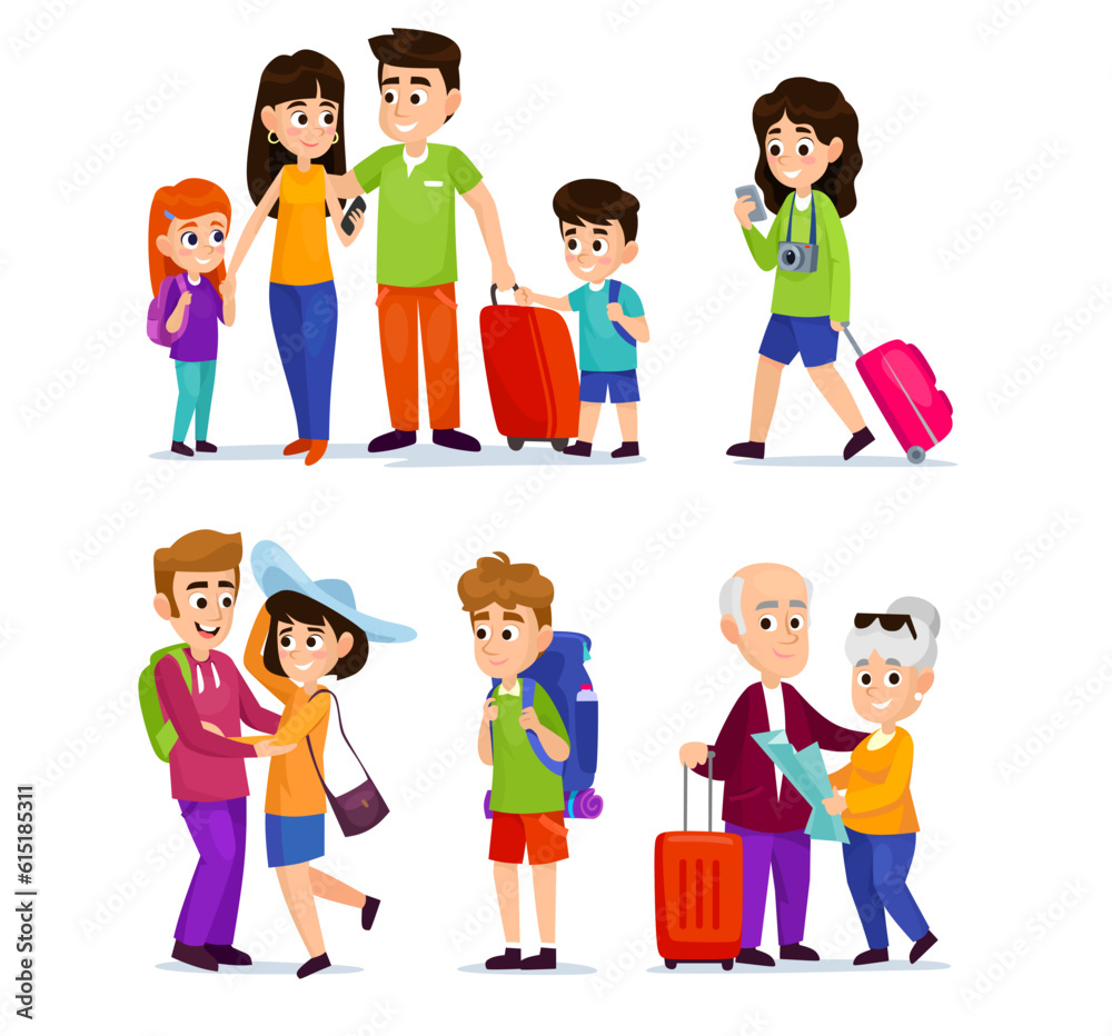 Set of young and old tourists isolated on white background. Collection of traveler characters with bags, luggage and equipment traveling on summer vacation. Cartoon vector illustration.