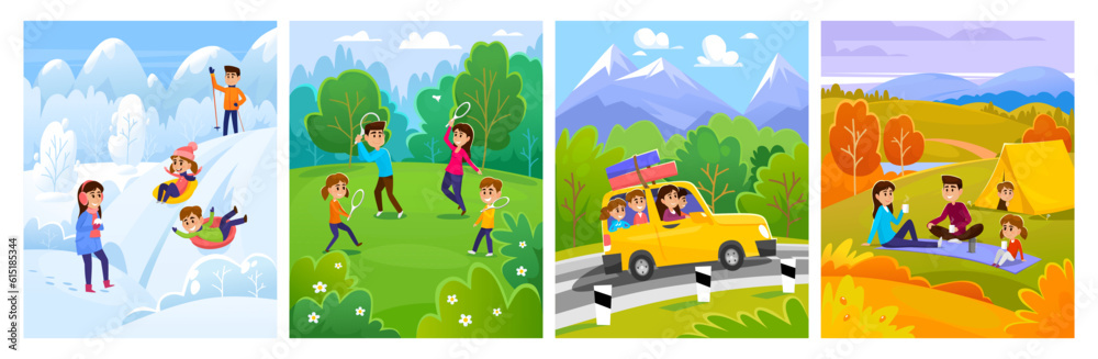 Family with children spend time together in nature in 4 seasons: winter, summer, spring, summer, and fall. Camping, playing sports, driving in the mountains, having fun. Cartoon vector illustration.