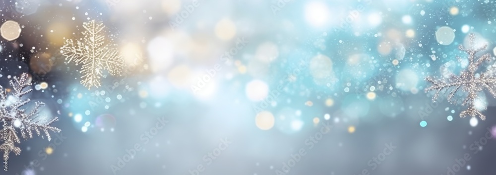 Christmas winter blurred background with snow, decorations, and garland lights. Created with Generative AI technology