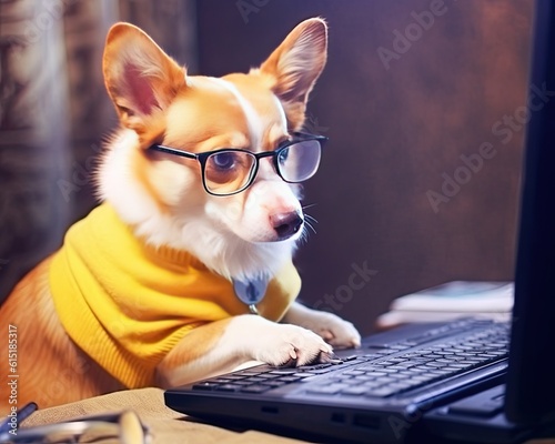 Cute corgi dog looking at laptop in glasses on yellow background. Created with Generative AI technology.