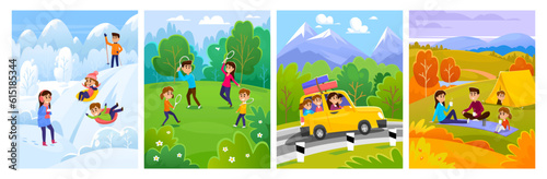 Family with children spend time together in nature in 4 seasons  winter  summer  spring  summer  and fall. Camping  playing sports  driving in the mountains  having fun. Cartoon vector illustration.