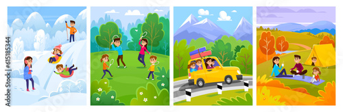 Family with children spend time together in nature in 4 seasons: winter, summer, spring, summer, and fall. Camping, playing sports, driving in the mountains, having fun. Cartoon vector illustration.