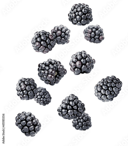 levitating fresh blackberry on a white isolated background