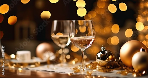 Glasses of champagne and party decorations on dark background, luxury, Gold and Silver, holiday card template, Realistic photo. Party banner, Place for text. generativeAI