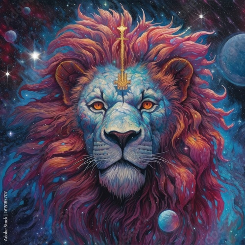 Lion with stars in their eyes is in the cloud
