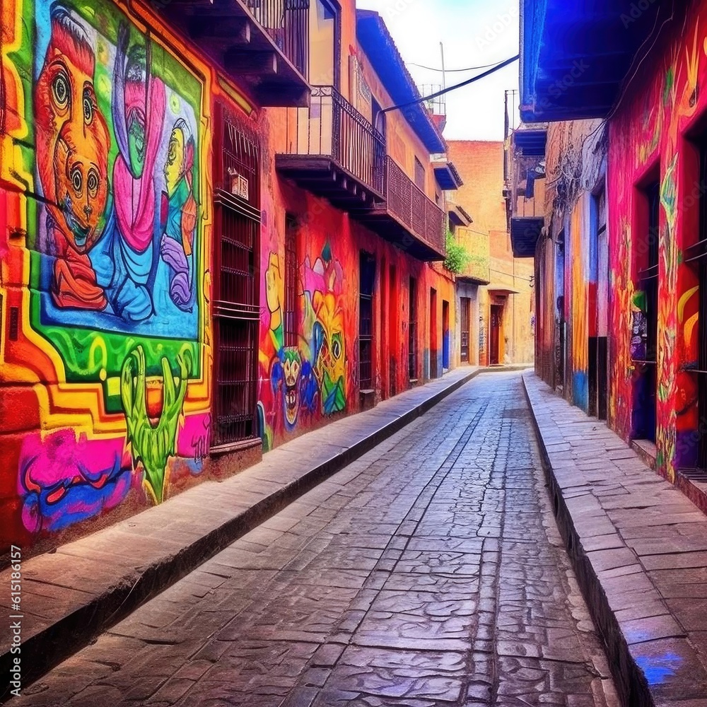 Fototapeta premium Colorful street in an old town - Generative AI